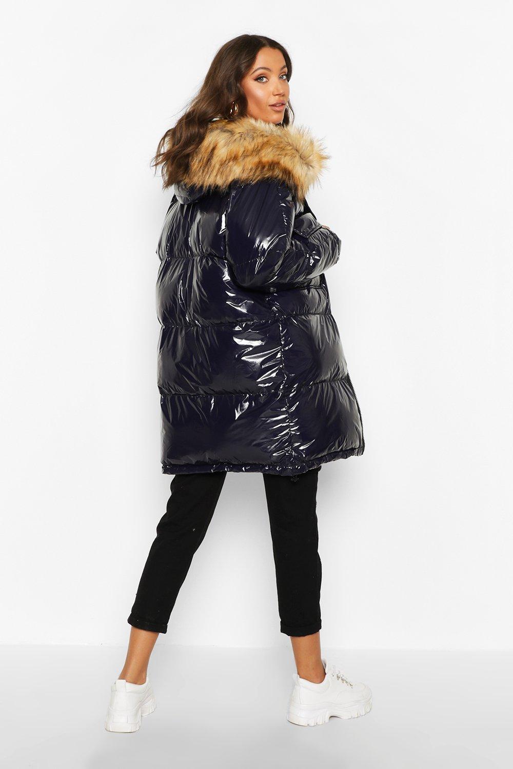 navy coat with fur hood