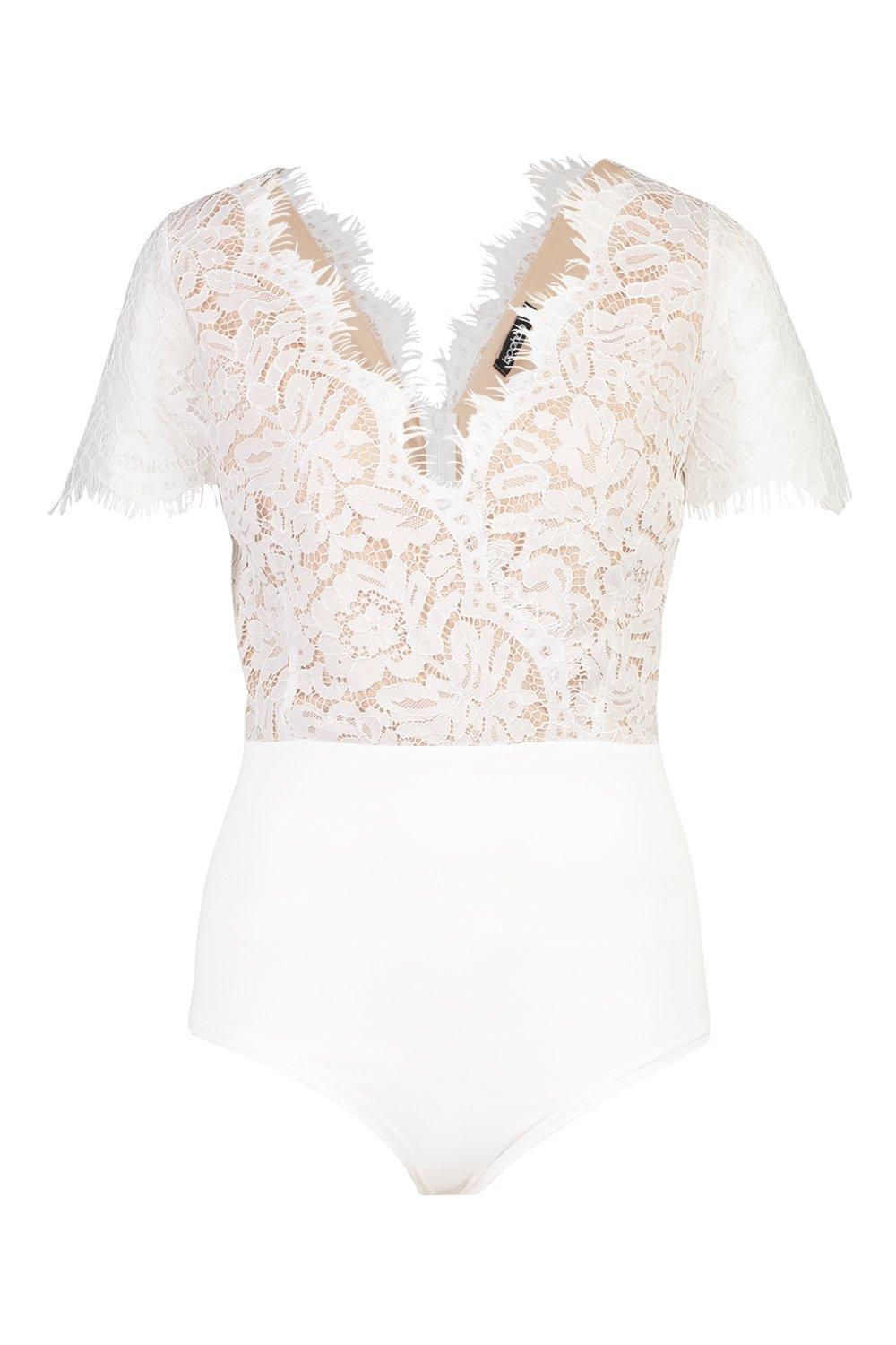 

Tall — Боди с короткими рукавами из кружева с бахромой, White