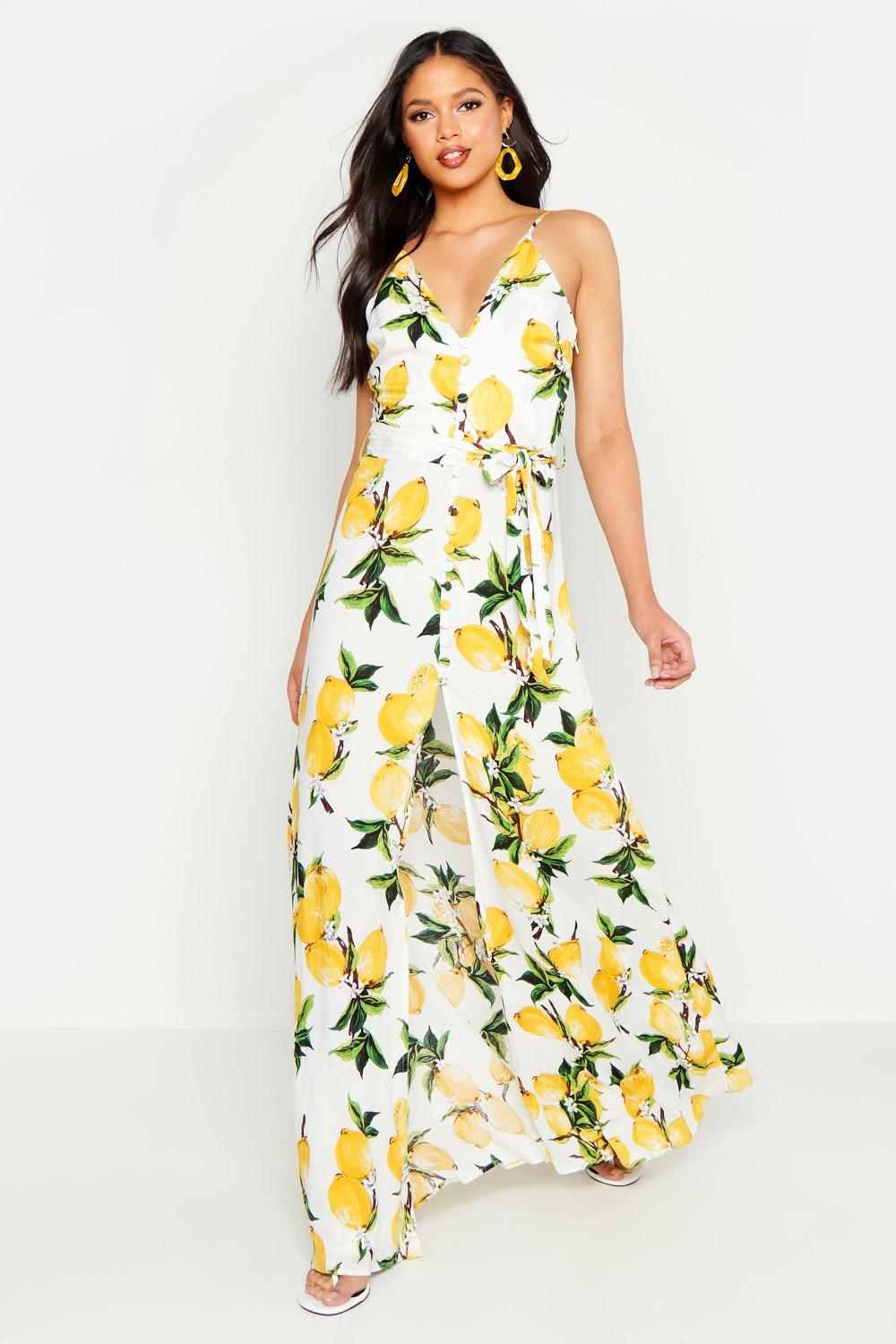 Tall Lemon Print Button Detail Maxi 