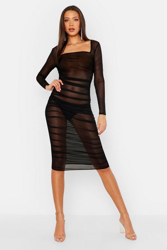 The dress boohoo square mesh neck ruched bodycon out