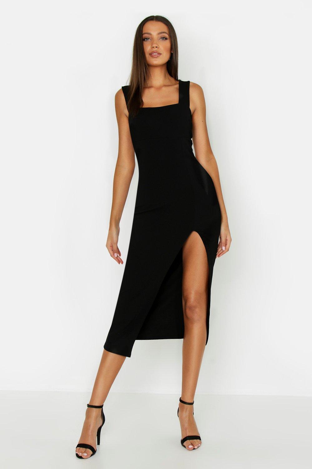 black thigh split midi dress