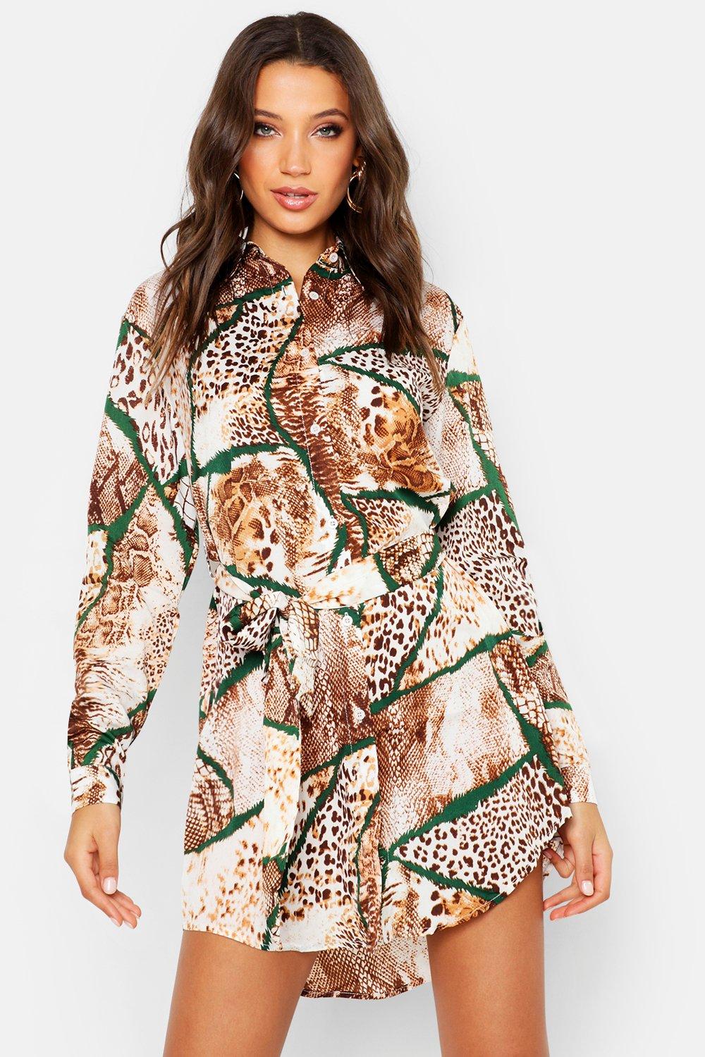 boohoo animal print shirt dress