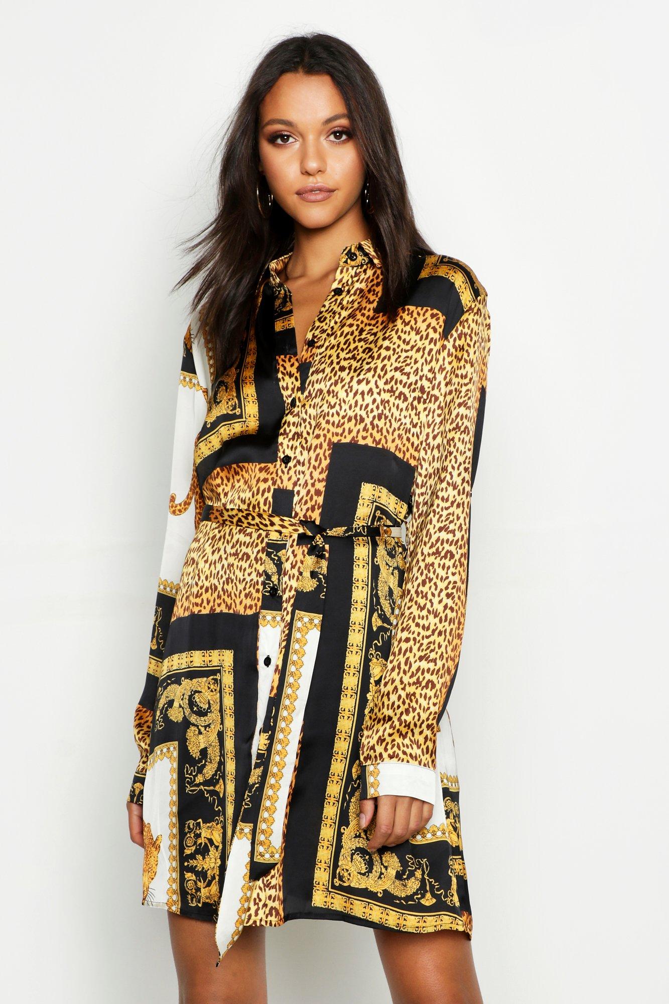 

Tall Scarf Print Shirt Dress, Black