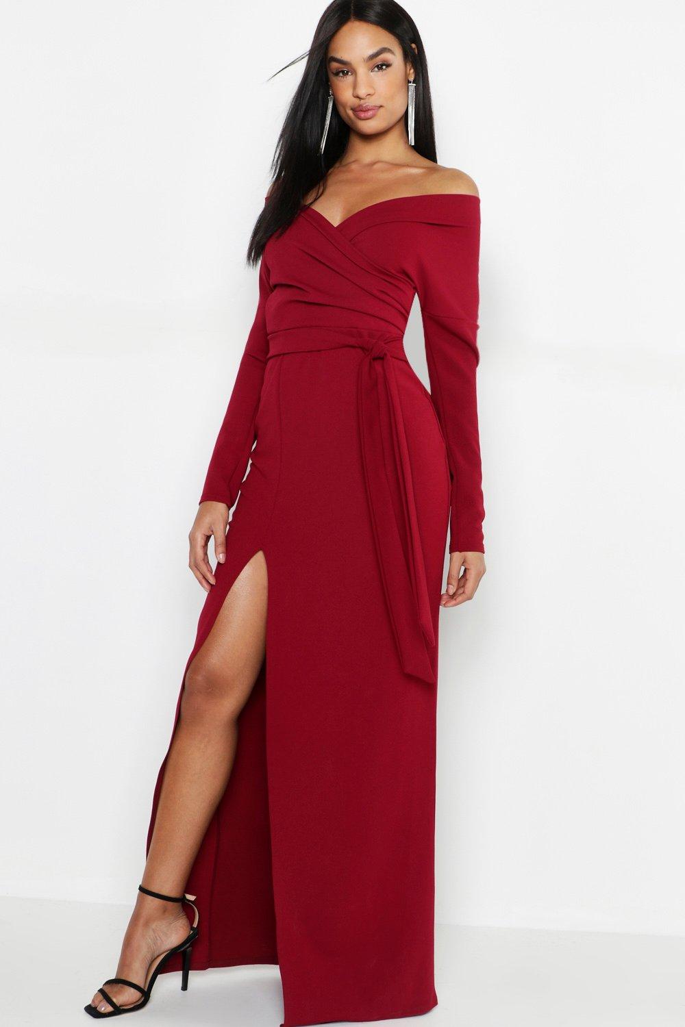 off shoulder thigh split dress