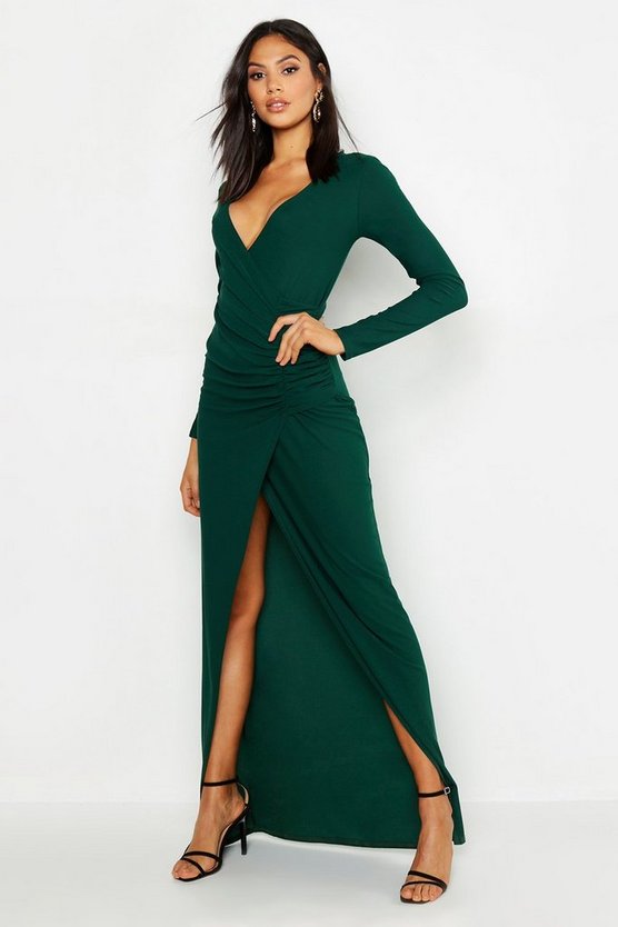 Tall Plunge Ruched Detail Maxi Dress | Boohoo