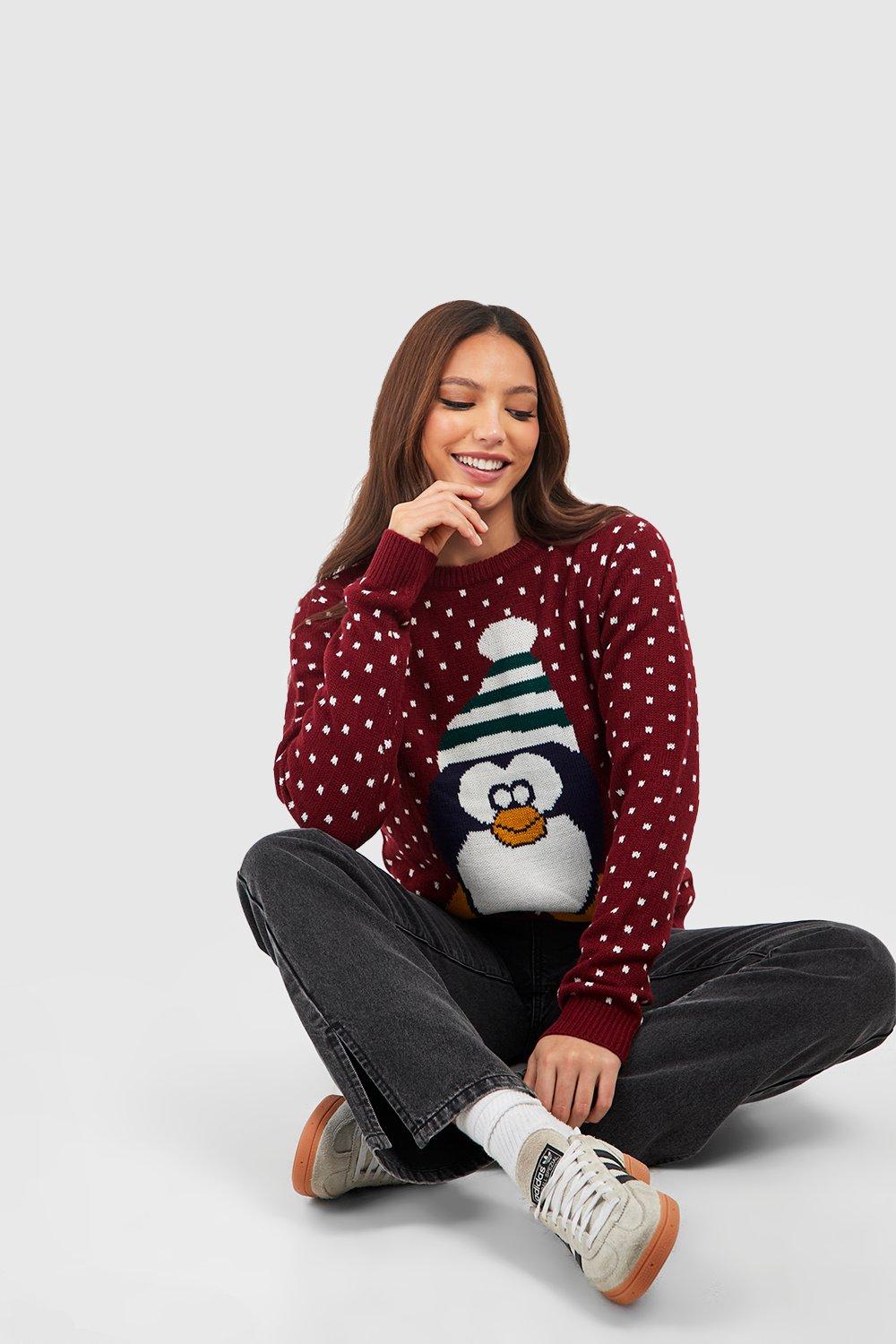 womens tall penguin christmas jumper - red - s, red