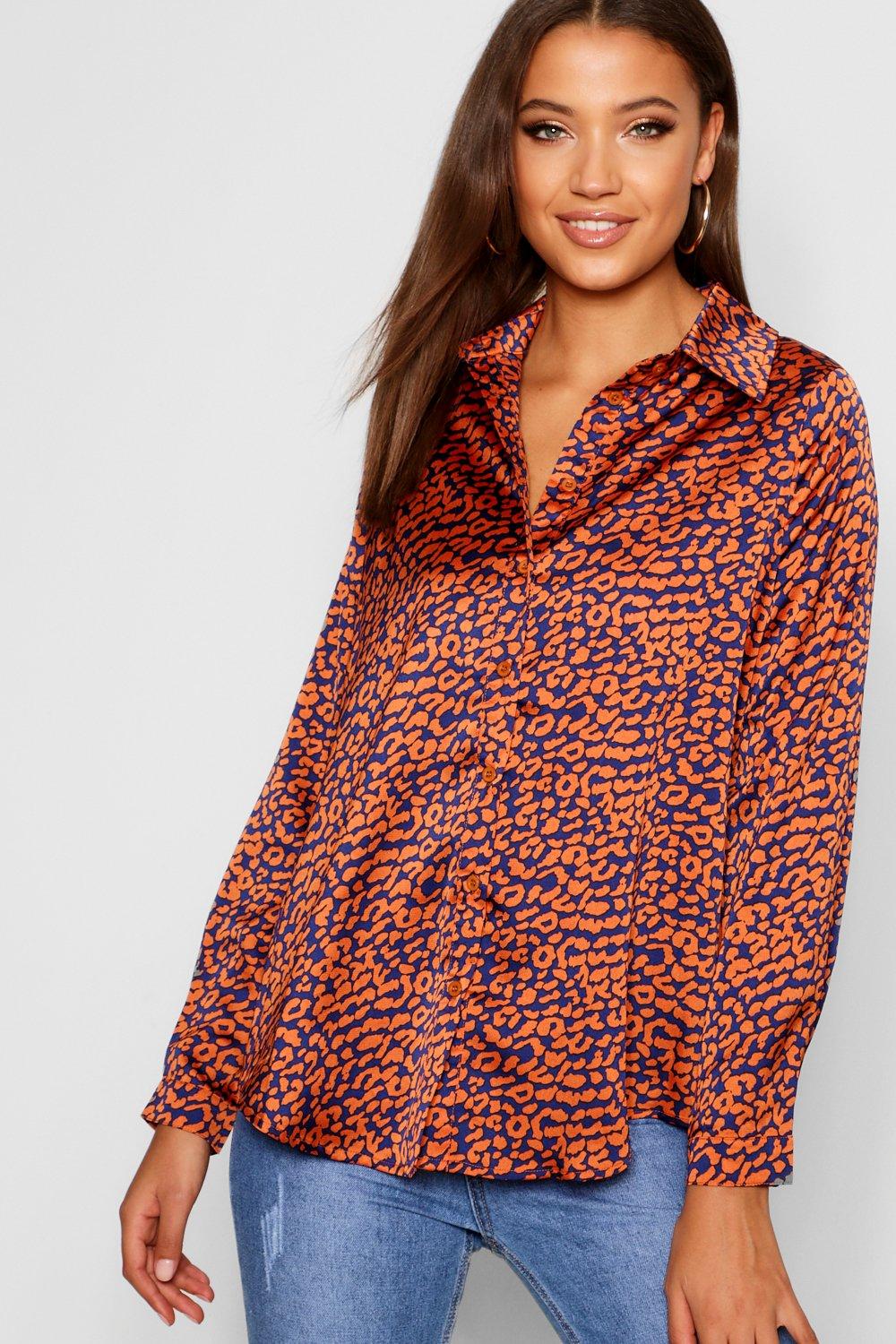 

Tall Satin Leopard Print Shirt, Orange