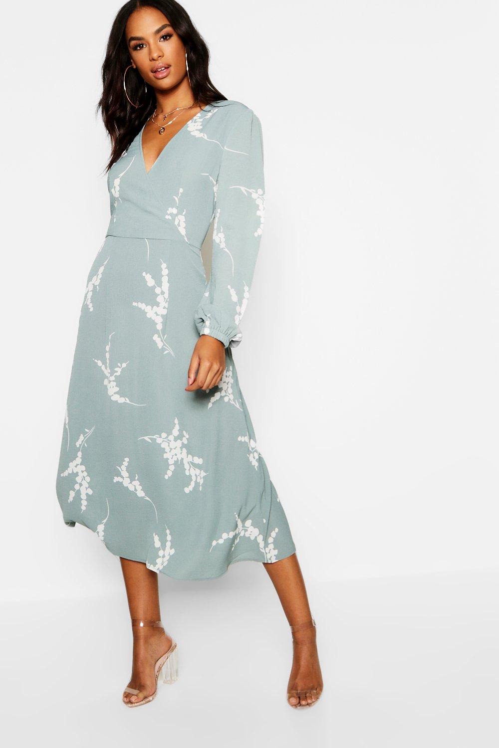 print wrap midi dress