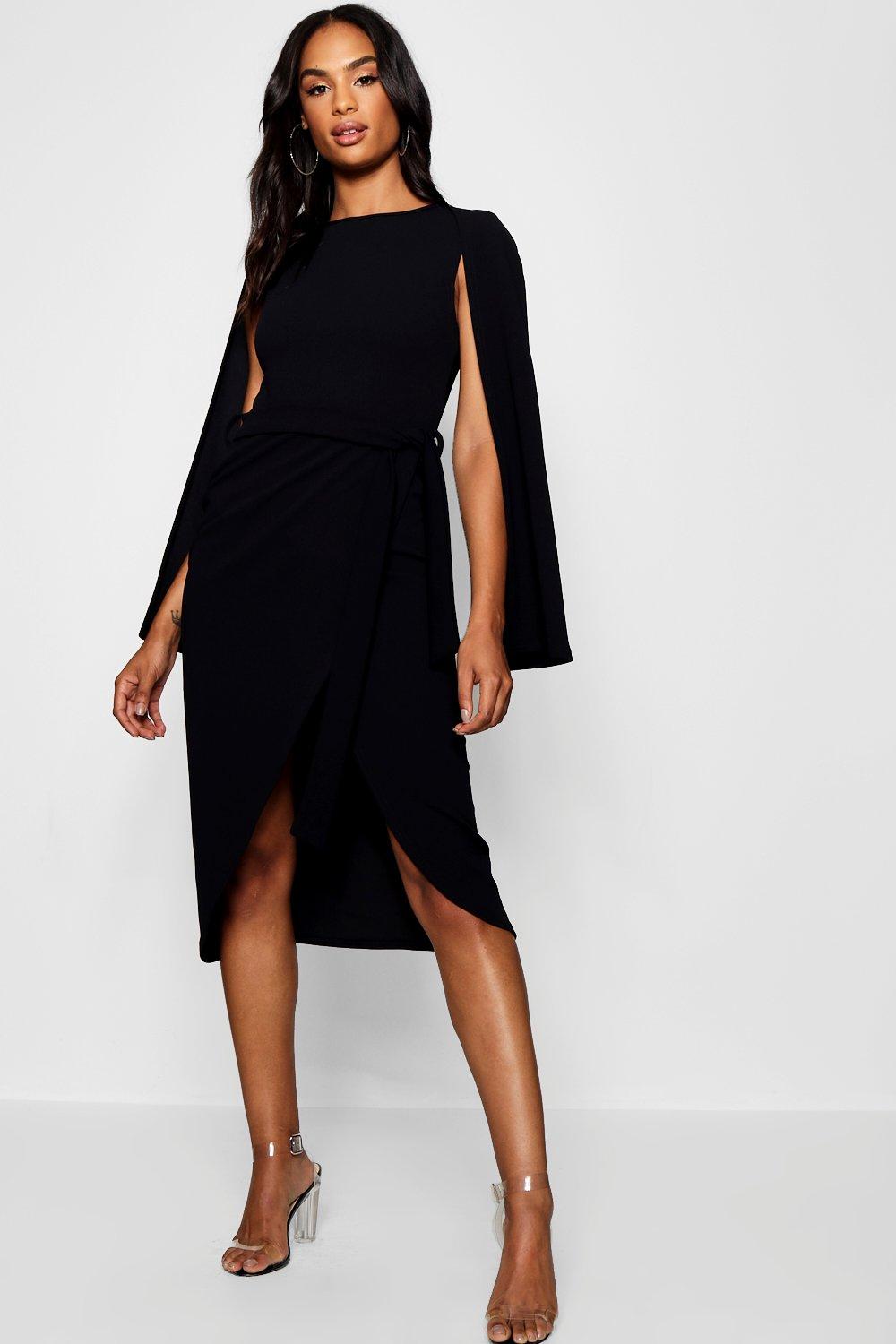 black cape midi dress