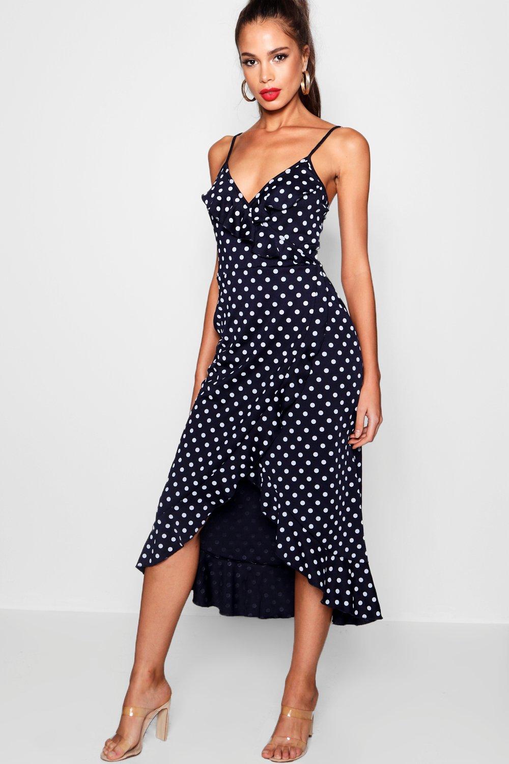 black polka dot wrap dress