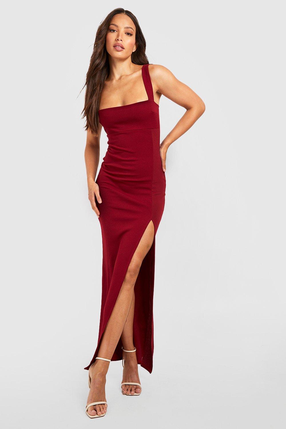 Boohoo Tall Maxi Jurk Met Zijsplit En Vierkante Hals, Berry