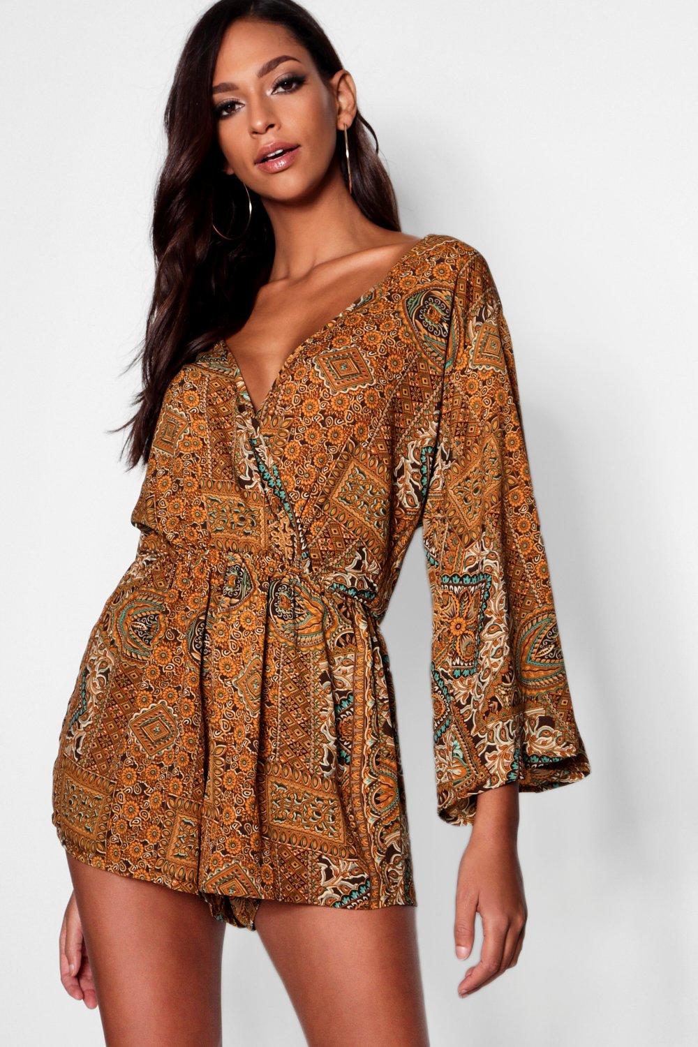 

Tall Paisley Print Wrap Playsuit, Olive