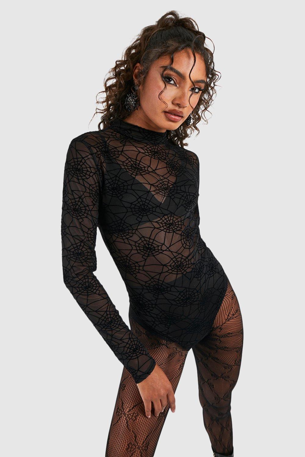 

Tall Maisie Halloween Spider Web Mesh Bodysuit, Черный