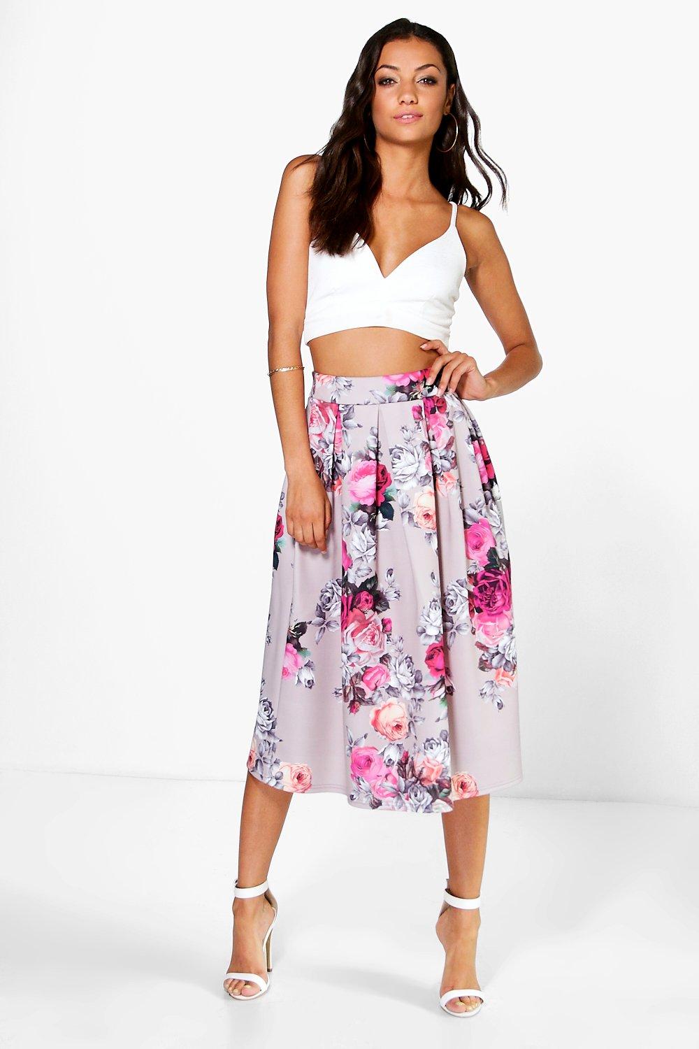 Tall Elena Floral Print Scuba Midi Skirt | Boohoo