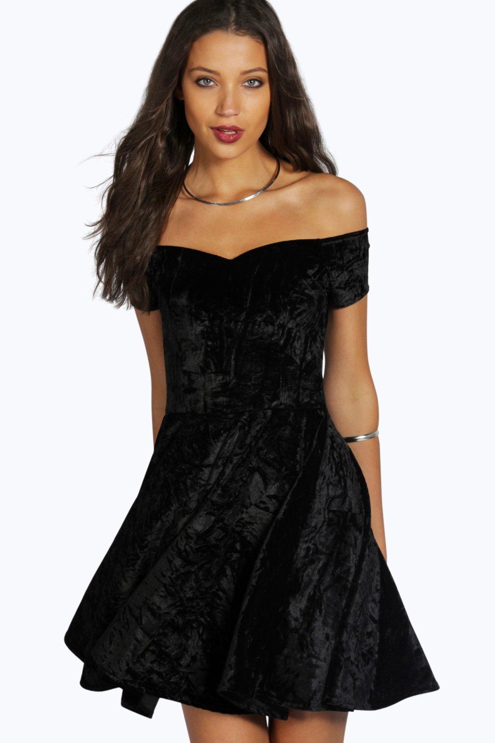 off shoulder black velvet dress