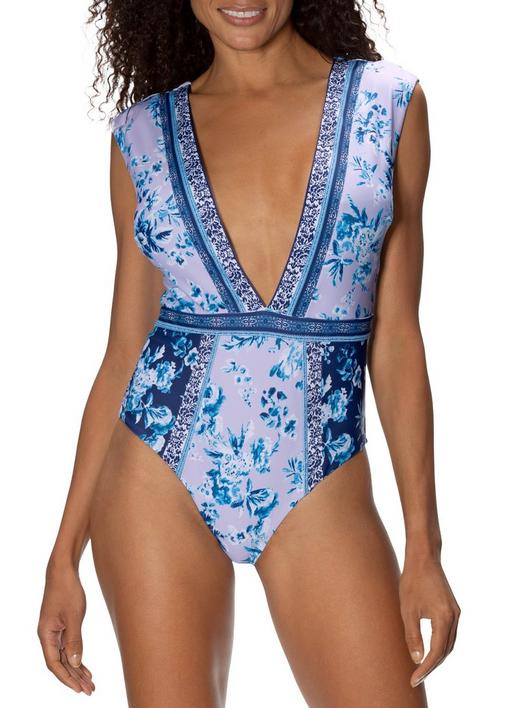 Floral Printed Low Plunge One Piece Cap Sleeve Swimsuit Boston Proper