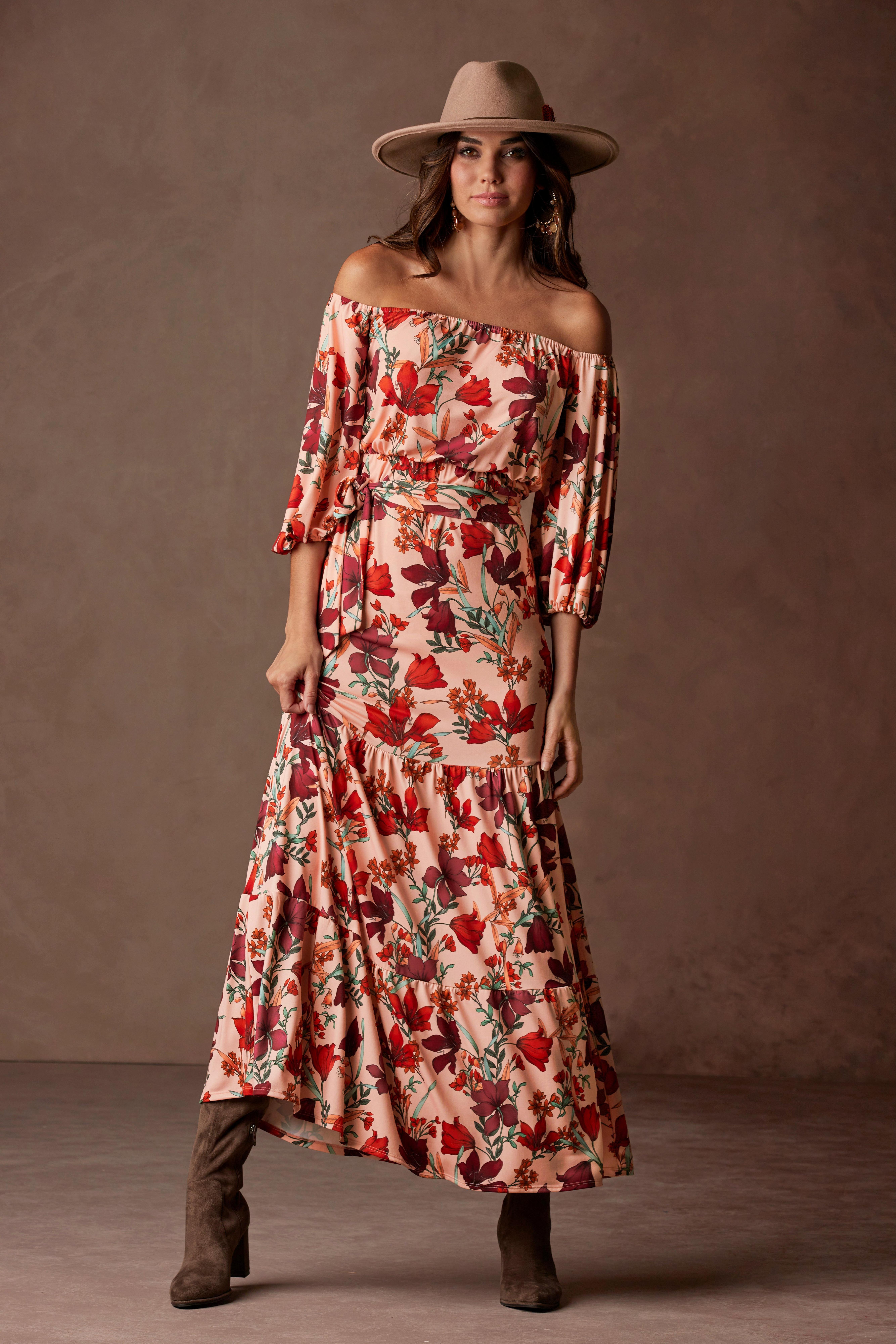 off the shoulder floral maxi