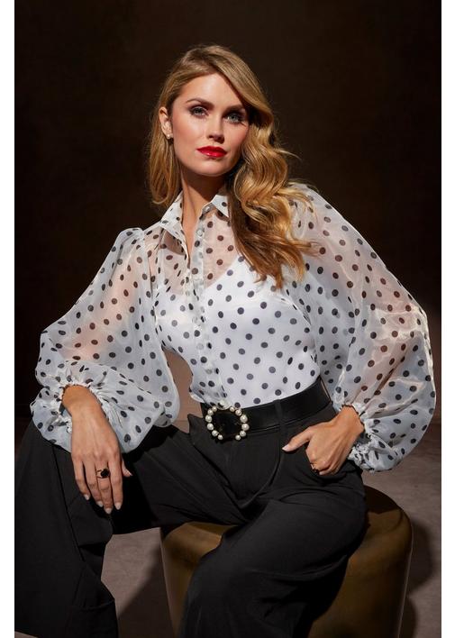 Vintage blouse knot polka dots large collar balloon sleeves bcbg chic elegant white navy blue 80s Size 363840 Fr