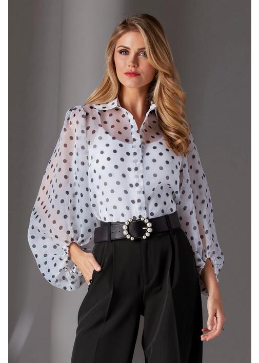 Vintage blouse knot polka dots large collar balloon sleeves bcbg chic elegant white navy blue 80s Size 363840 Fr