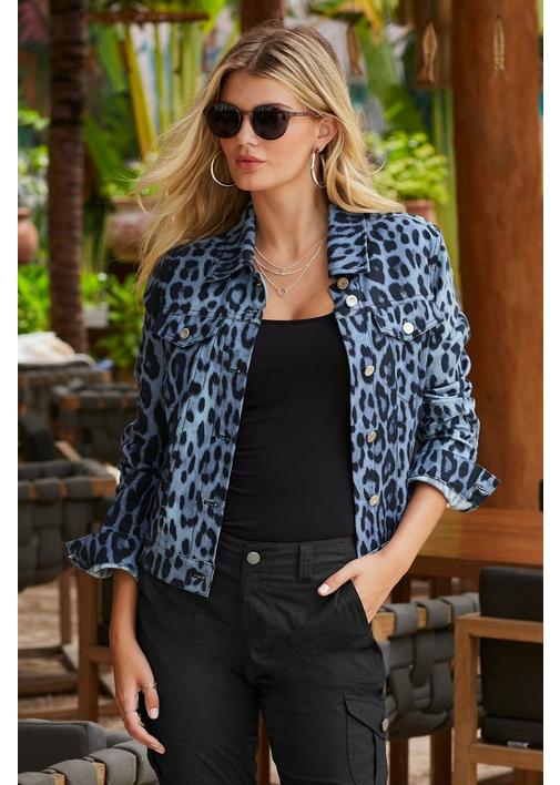Vintage  Jean Jacket Medium Leopard Print Leather look Trim 100% Cotton Pockets Grunge Hippie Boho Bohemian
