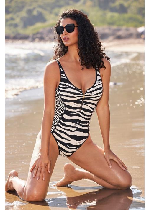 Zebra Printed Zip Front One Piece Swimsuit Boston Proper