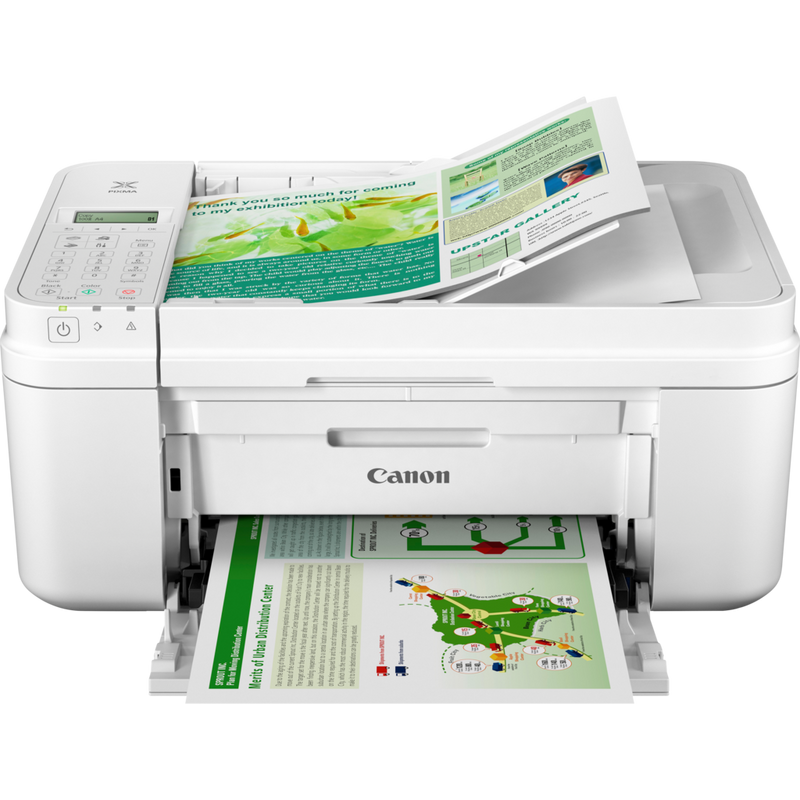 Canon PIXMA MX495 - Blanc Produit Vue avant inclinée, montrant le bac à papier déplié