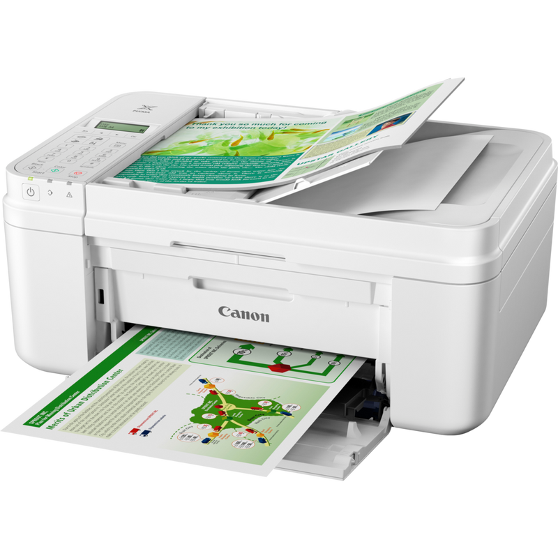 Canon PIXMA MX495 - Blanc Produit Vue avant, montrant le bac à papier déplié