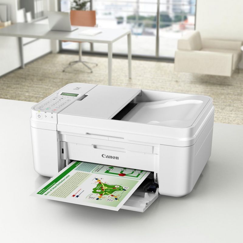 Canon PIXMA MX495 - Blanc Produit Vue avant inclinée, montrant le bac à papier déplié