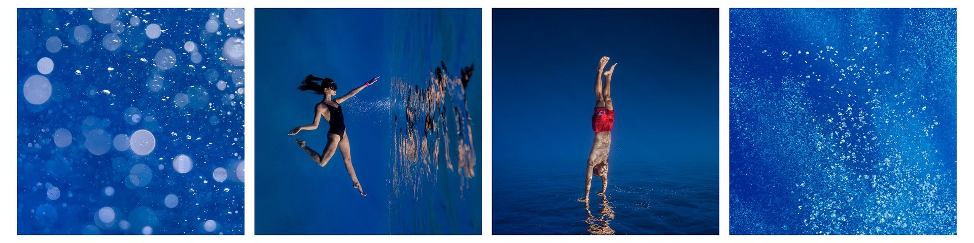 A sequence of water-themed images. L-R: a square blue scene where the lens is speckled with water. A square scene where a swimmer in a black costume sees their reflection in water. A square scene showing a man in red swimming shorts diving hands first into water, his fingers just touching the surface. And finally, another blue scene, showing a splash of water as though there has been impact.