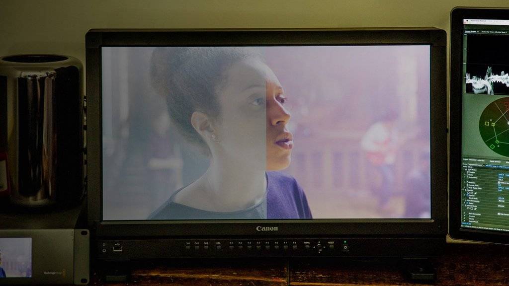Canon video camera LCD monitor showing woman in background.