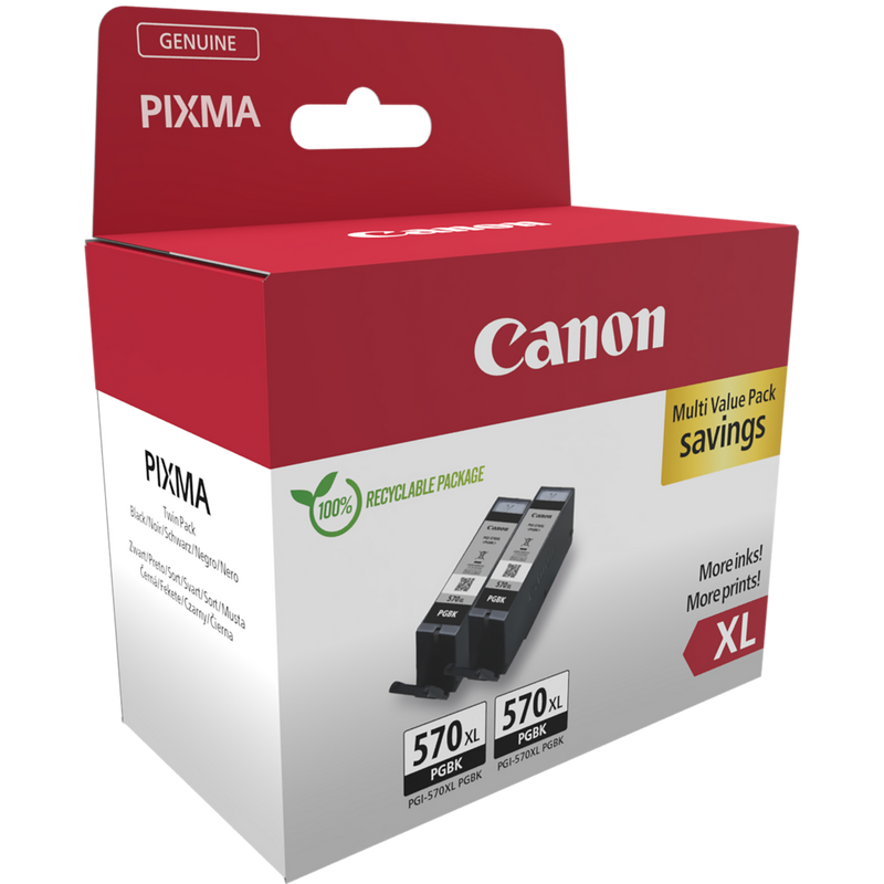 Canon PGI-570BK XL High Yield Black Ink Cartridge (Twin Pack) Product Front angled view