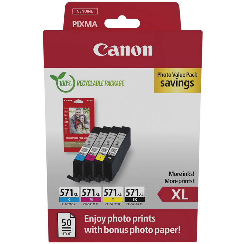 Canon CLI-571XL High Yield BK/C/M/Y Ink Cartridge + Photo Paper Value Pack Product Package front view
