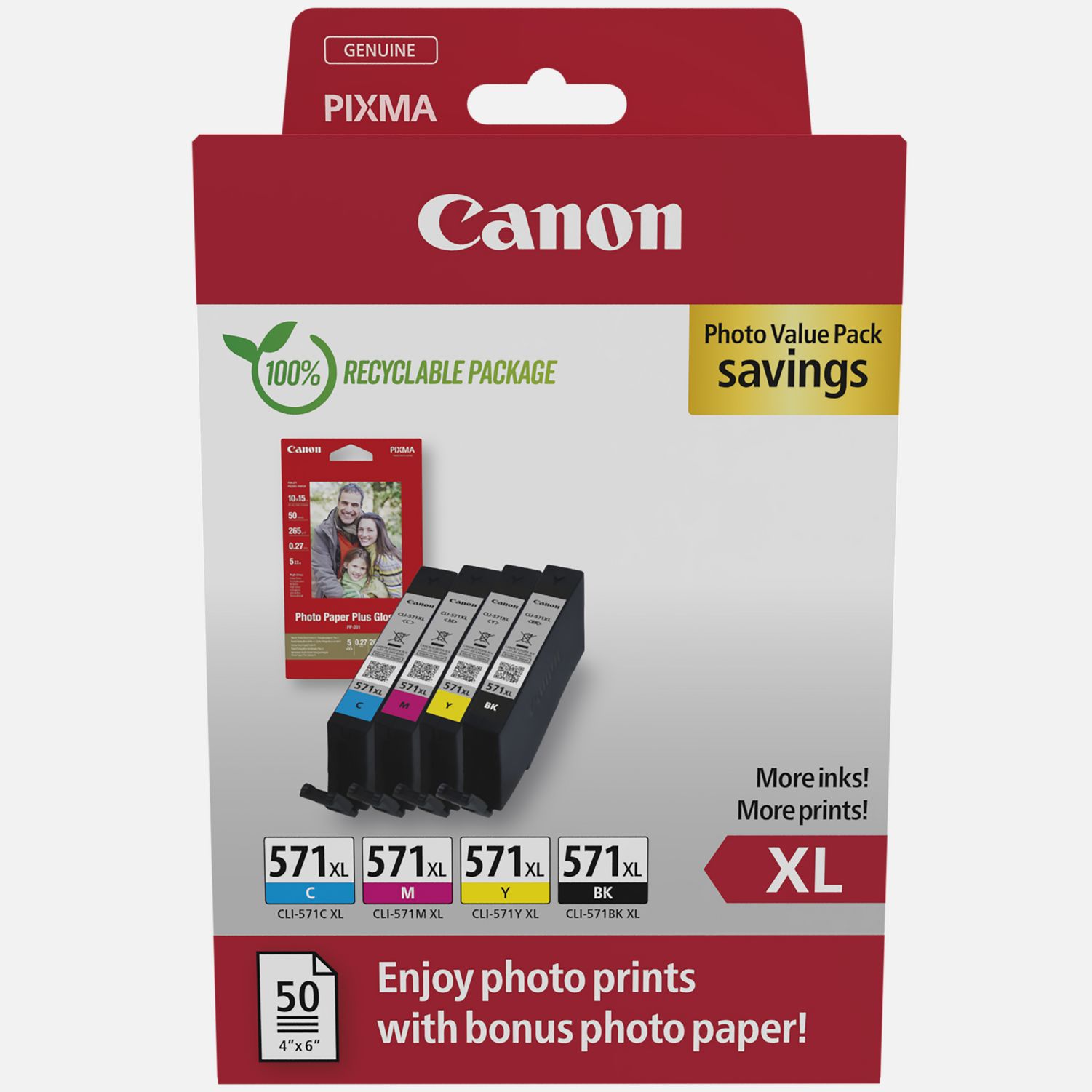 Canon original ink CLI-571 XL CMYK, CMYK, 0332C005, + 50x PP-201, Canon  Pixma MG6850,MG6851,MG6852,MG6853,MG7750, MG5750