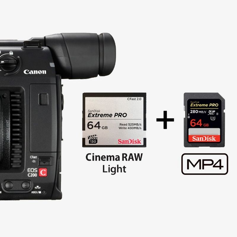 Canon EOS 2000 video camera close up with Extreme PRO SD card and Sandisk MP4 SD card.
