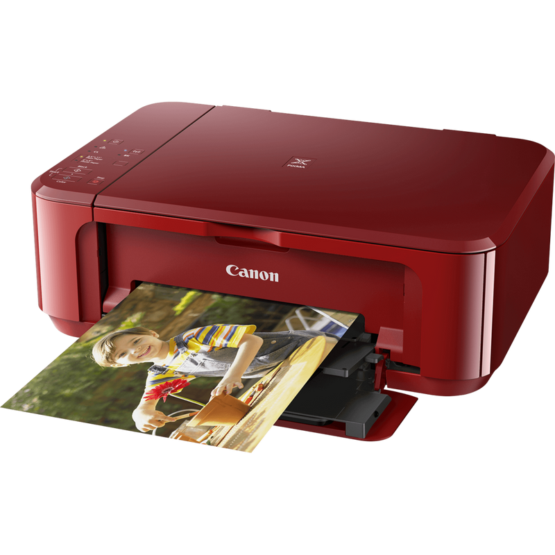 Canon PIXMA MG3650 - Rouge Produit Vue avant inclinée, montrant le bac à papier déplié