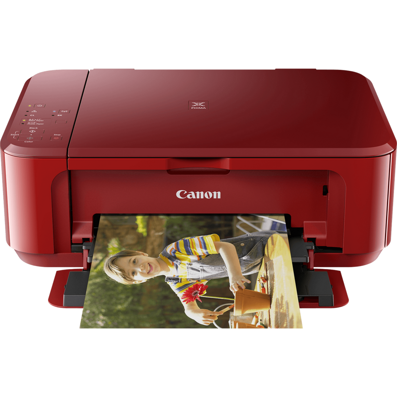 Canon PIXMA MG3650 - Rouge Produit Vue avant, montrant le bac à papier déplié