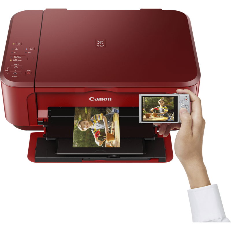 Canon PIXMA MG3650 - Rouge Produit Vue avant, montrant une personne en train d'imprimer depuis un smartphone