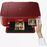 Canon PIXMA MG3650 – Rot Produkt Vorderansicht mit einer Person, die von einem Smartphone aus druckt