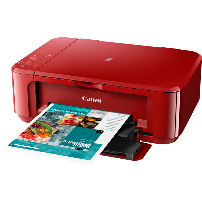 Impressora a jato de tinta multifunções Canon PIXMA MG3650S, Vermelho Produto Vista frontal inclinada com o tabuleiro de papel aberto