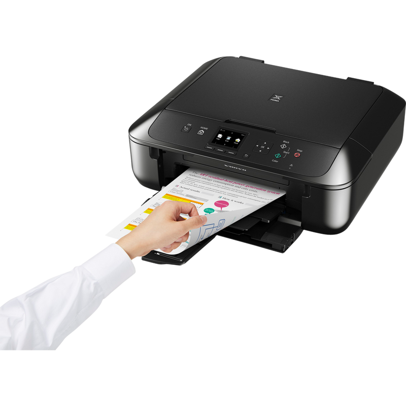 Canon PIXMA MG5750 – Schwarz Produkt Vorderansicht mit einer Person, die den Drucker bedient