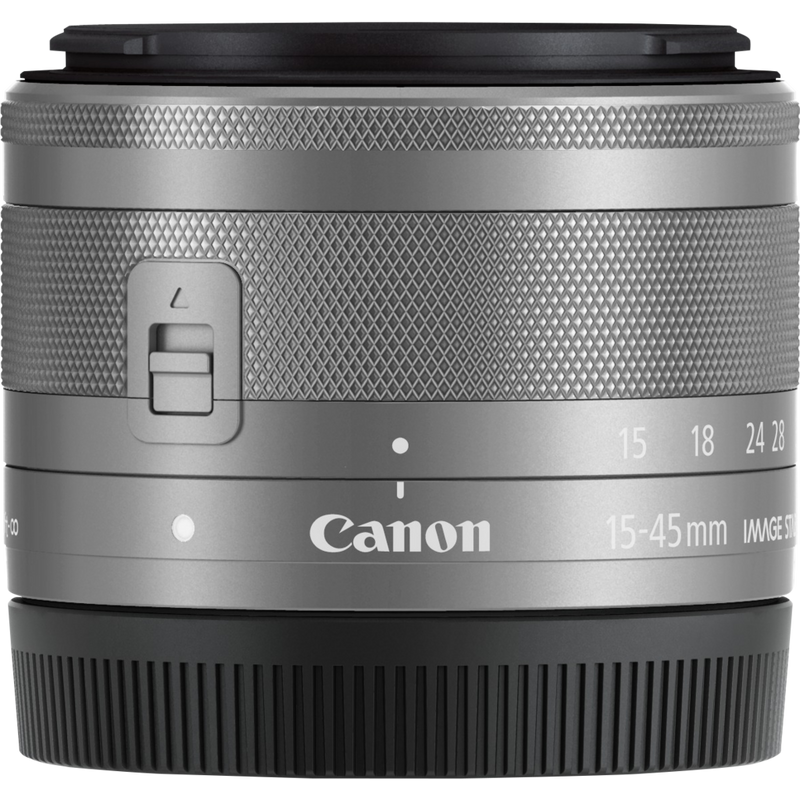 Canon EOS M6 Silver + EF-M 15-45mm IS STM Lens + EF-M 55-200mm IS STM Lens Graphite Product EF-M 15-45mm IS STM Lens Front View with the Dust Cap