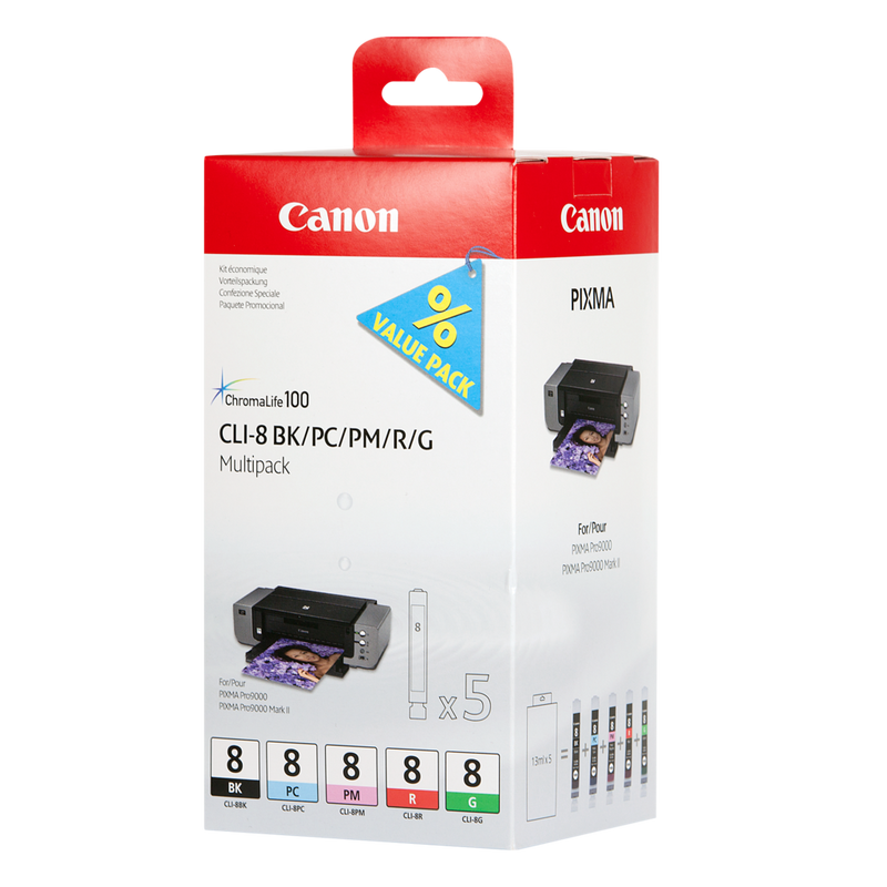 Multipack de 5 cartuchos de tinta Canon CLI-8 BK/PC/PM/R/G Producto Vista izquierda