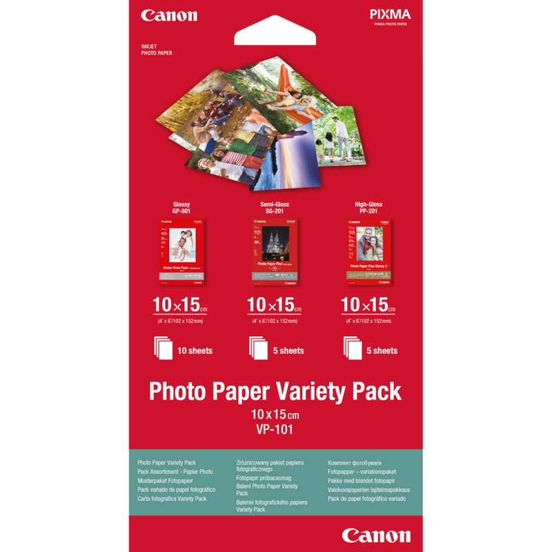 Pakiet Canon VP-101 Photo Paper Variety Pack 4×6&quot; – 20 arkuszy Produkt Widok z przodu