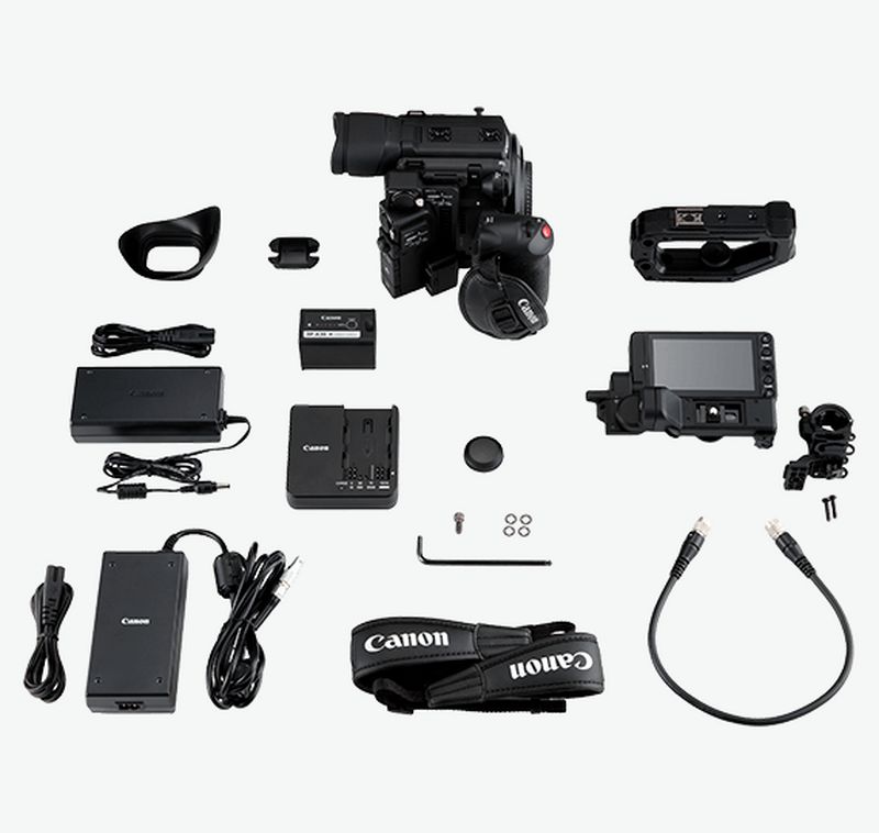 Canon C200 video camera - full kit including LCD monitor, battery pack, handle unit etc.