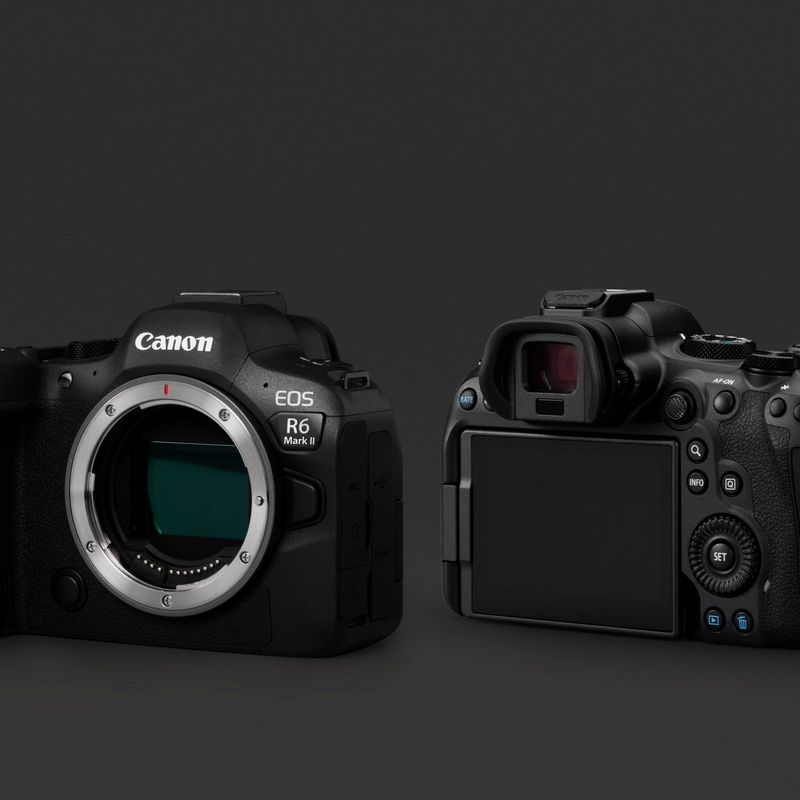 The front and back of a Canon EOS R6 Mark II against a dark background.