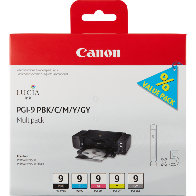 Multipack de 5 cartuchos de tinta Canon PGI-9 PBK/C/M/Y/GY Producto Vista frontal