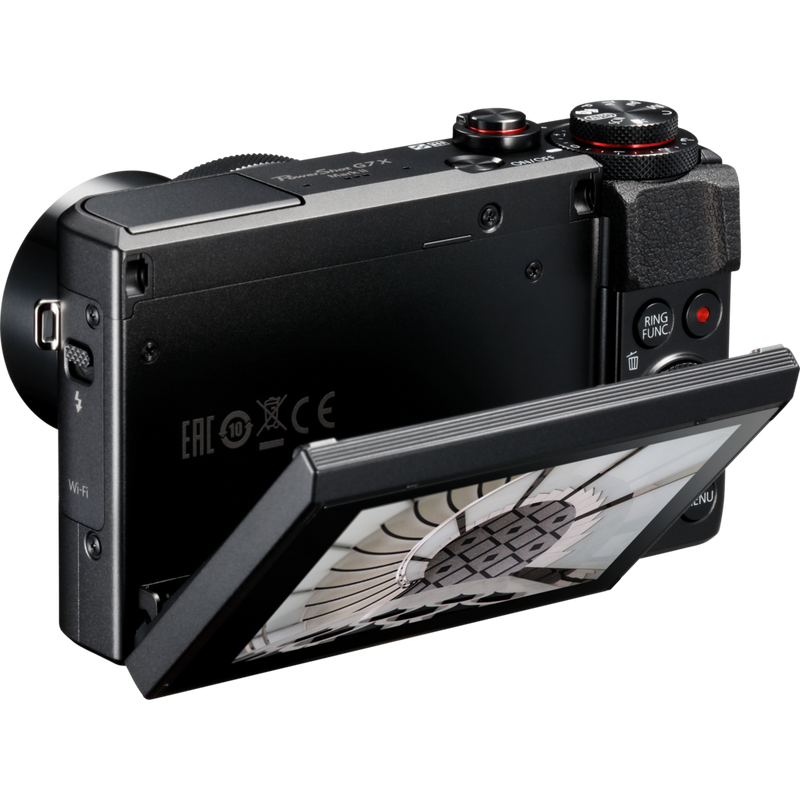 Canon PowerShot G7 X Mark II Produkt sett fra venstre med bilde på skjermen