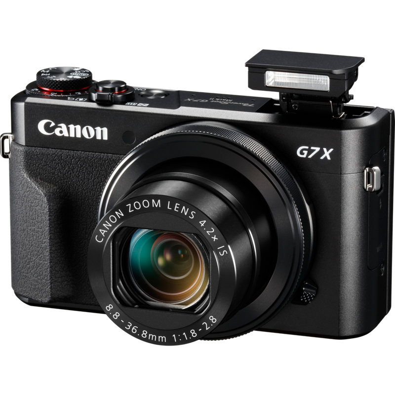Canon PowerShot G7 X Mark II Produkt Sett forfra med blits åpen