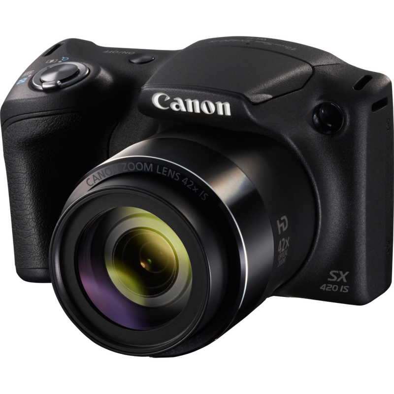Canon PowerShot SX420 IS – svart Produkt sett forfra med bilde på skjermen