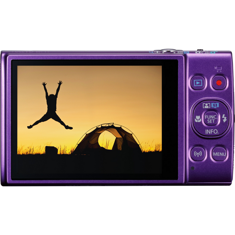 Canon IXUS 285 HS – Lila Produkt Rückansicht mit Foto auf dem Bildschirm